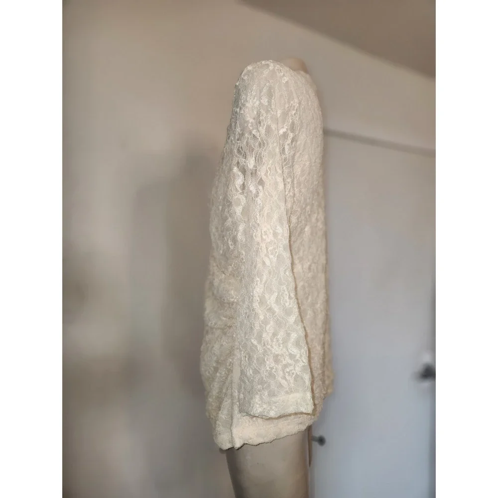 Coldwater Creek Cream Lace Wrap Blouse Ruched 3/4 Sleeve L Ivory Surplice Top